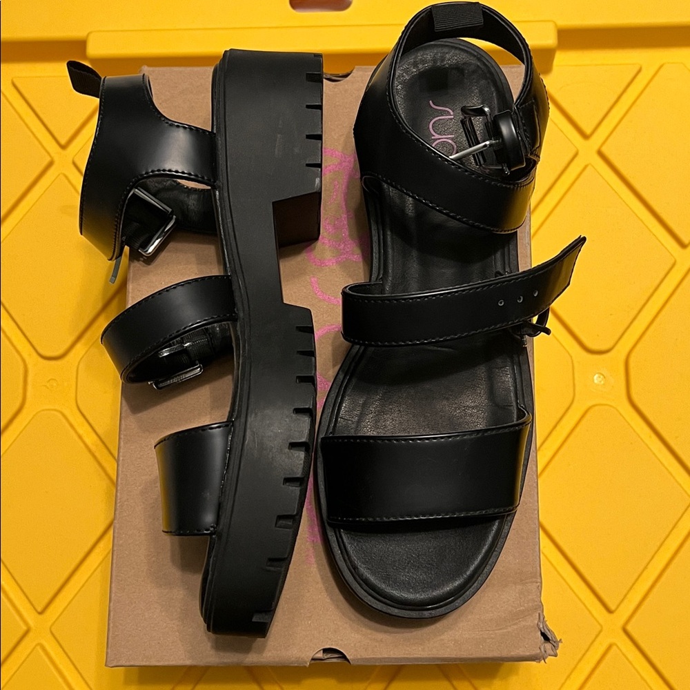 Black chunky buckle sandals
